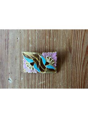 Vintage Gold-Tone Art Nouveau Pink Blue Floral Enamel Brooch